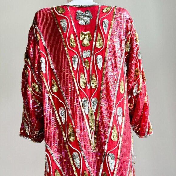 Vintage Red Silk Beaded Embroidered Long Sleeve Sheath Dress S/M - Picture 12 of 13